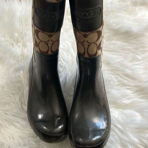 Coach Womens Brown Beige Logo Lace-Up Round Toe Rain Boots Size 6B - Picture 2 of 7